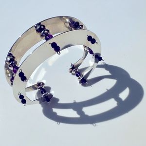 Handmade cuff Bracelet: 3D design sterling silver with amethyst & silver beads.